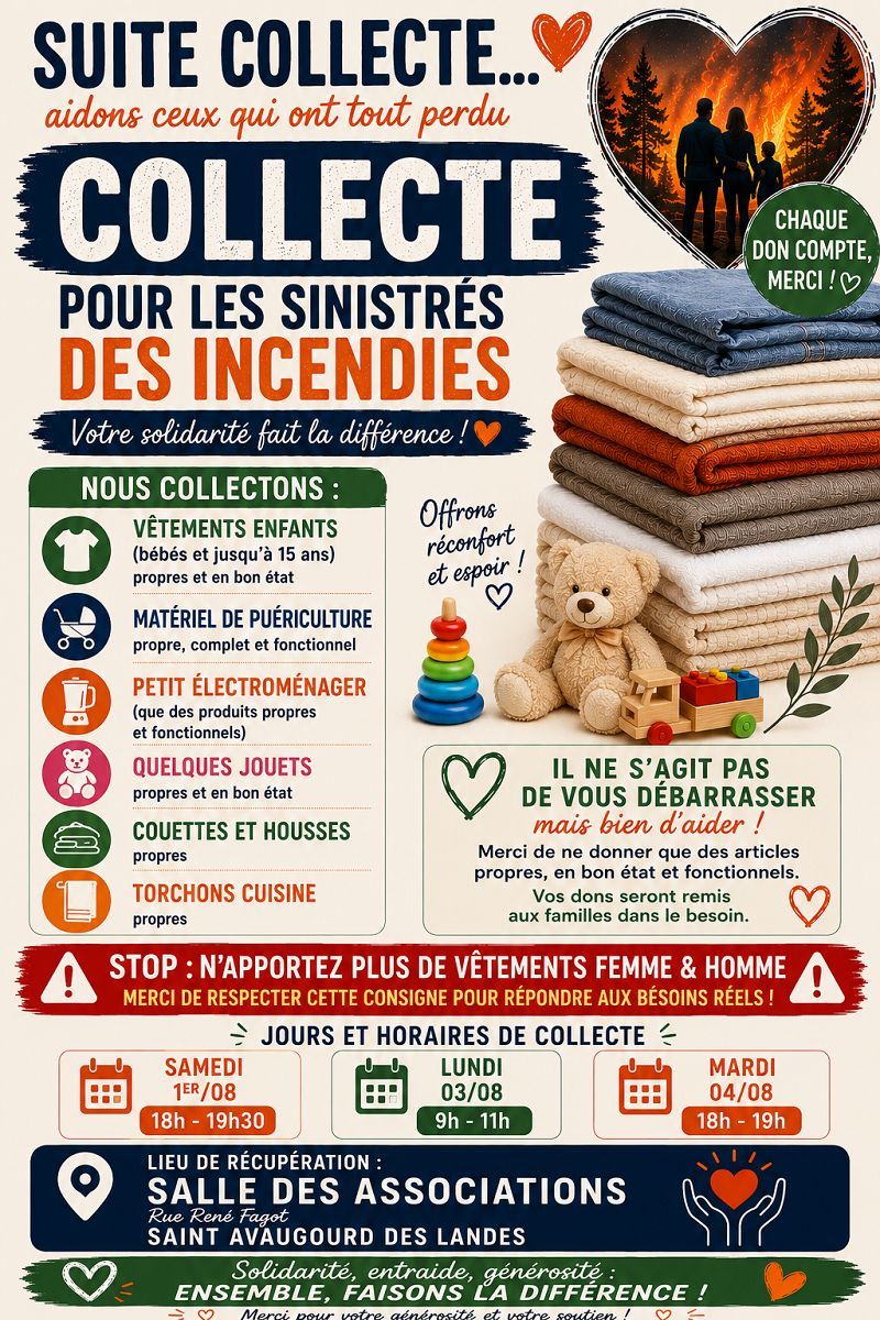 DEFI COLLECTE POUR LES SINISTRES INCENDIE A LE PORGE